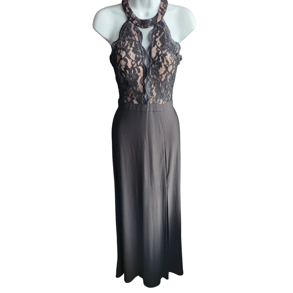 Morgan & Co. Black Junior Sequined Lace Halter Formal Dress Size 1